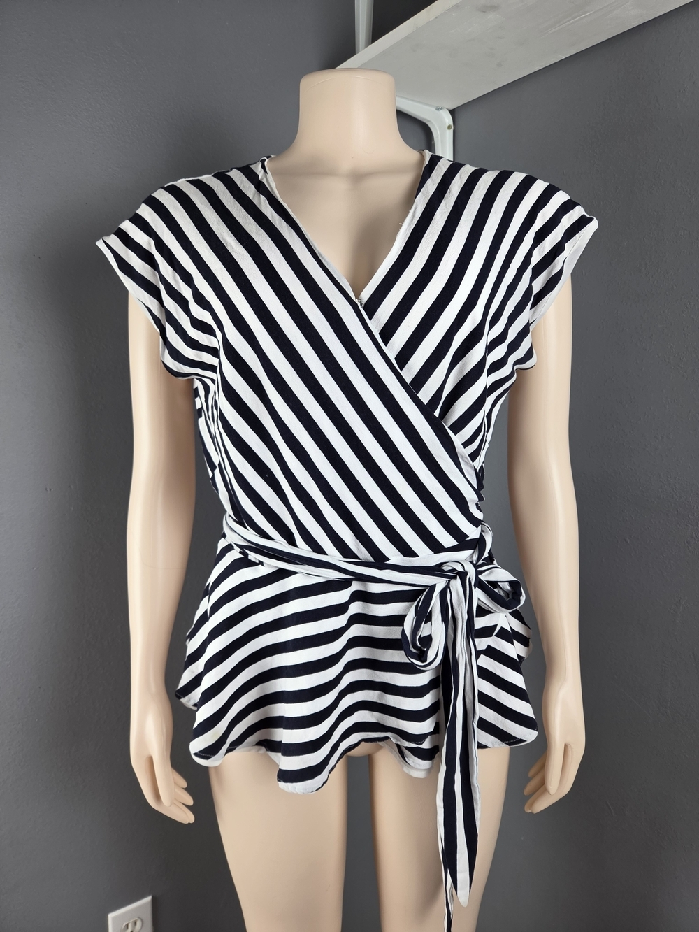 Black & White Striped Wrap Blouse with Tie Waist